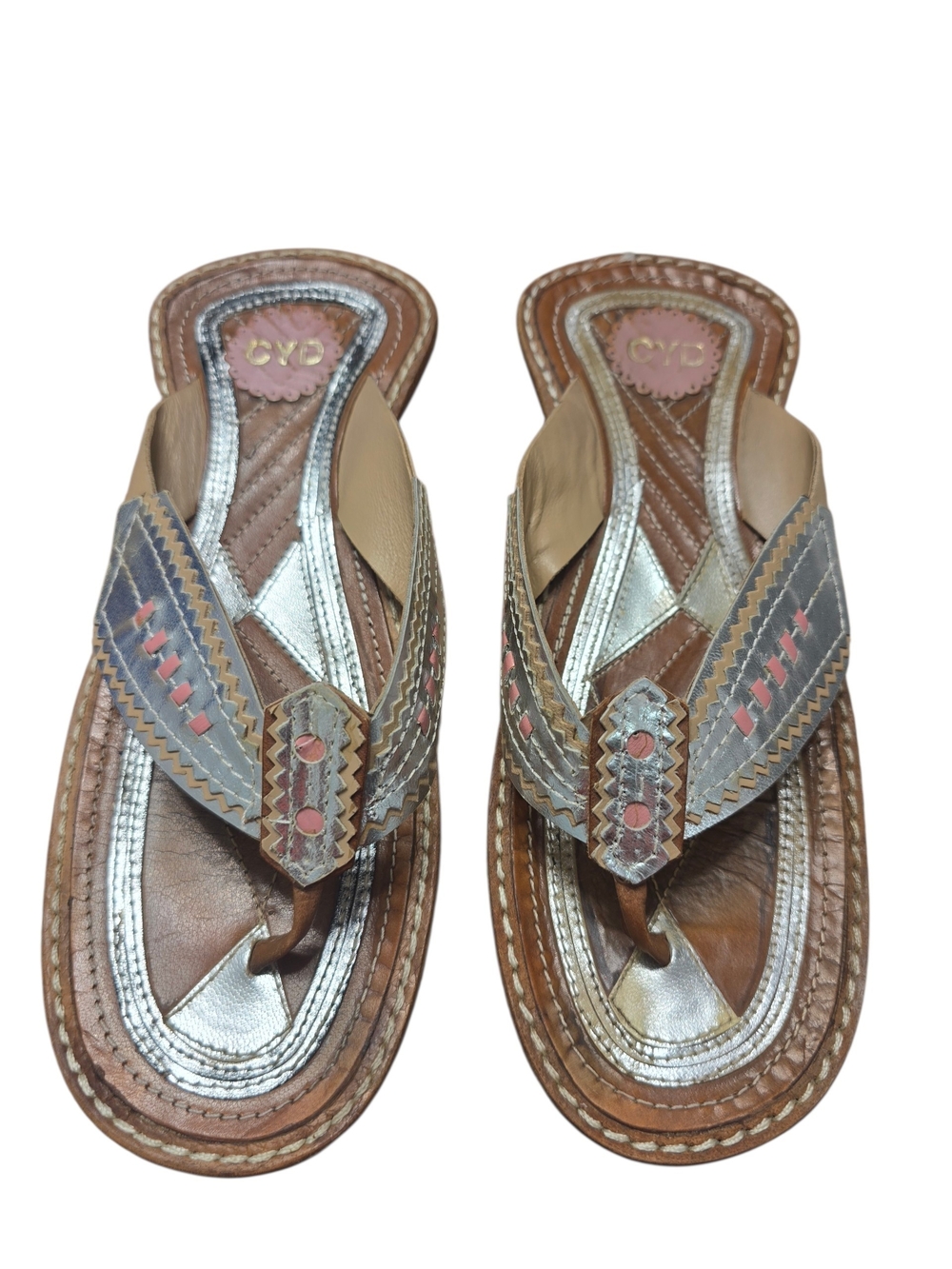 Cydney Mandel Gilt Laser Cut Sunset Sandals with Turquoise/Orange accents Size 9